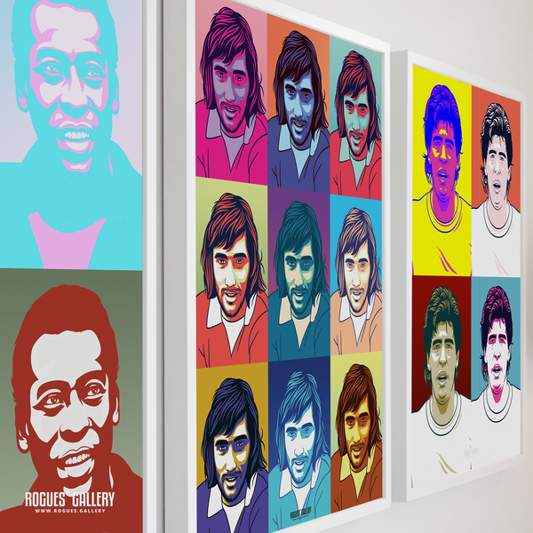 George Best Pele Maradona pop art prints on wall