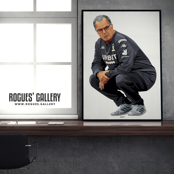 Marcelo Bielsa Leeds United manager crouching portrait A1 print edit Rogues' Gallery