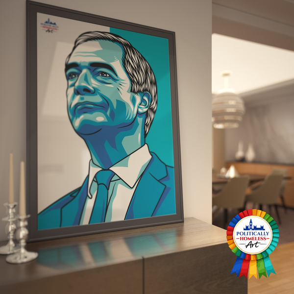 Nigel Farage Reform UK Brexit Leader portrait design  politically homeless art