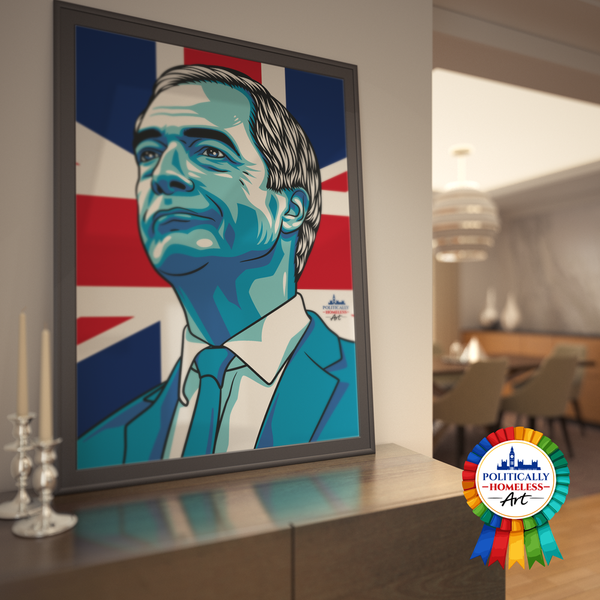 Nigel Farage Reform UK Brexit Leader portrait design  union flag politically homeless art