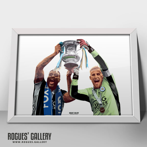 Wes Morgan & Kasper Schmeichel lift the 2021 FA Cup for Leicester City - A0, A1 or A3 Print
