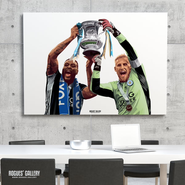 Wes Morgan & Kasper Schmeichel lift the 2021 FA Cup for Leicester City - A0, A1 or A3 Print