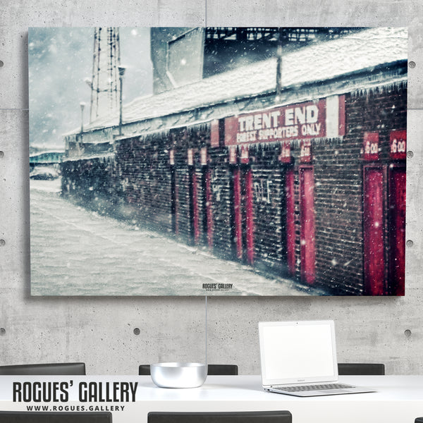 The Old Trent End Turnstiles under heavy snow - The City Ground, home of Nottingham Forest - A0, A1, A2 or A3 Prints