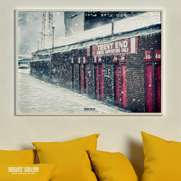 The Old Trent End Turnstiles under heavy snow - The City Ground, home of Nottingham Forest - A0, A1, A2 or A3 Prints