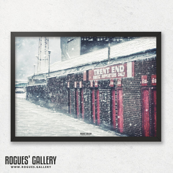 The Old Trent End Turnstiles under heavy snow - The City Ground, home of Nottingham Forest - A0, A1, A2 or A3 Prints