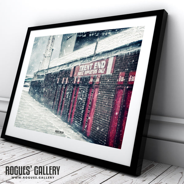 The Old Trent End Turnstiles under heavy snow - The City Ground, home of Nottingham Forest - A0, A1, A2 or A3 Prints