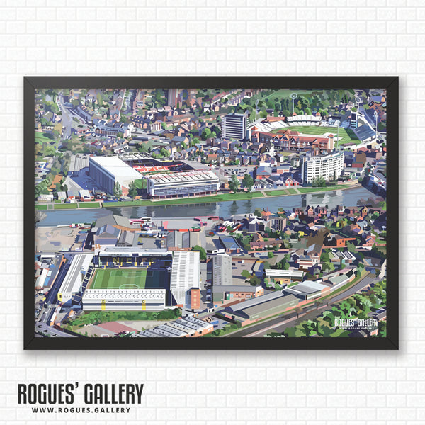 The Grounds of Nottingham - The City Ground, Trent Bridge Cricket Ground & Meadow Lane - A0, A1, A2 or A3 Prints