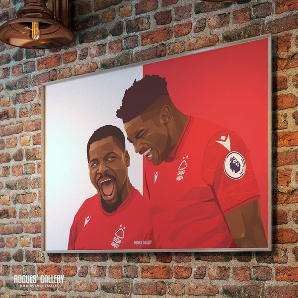 When the going gets tough... - Taiwo Awoniyi & Serge Aurier celebrate victory over Liverpool - Nottingham Forest - Signed A3 Red & White Prints