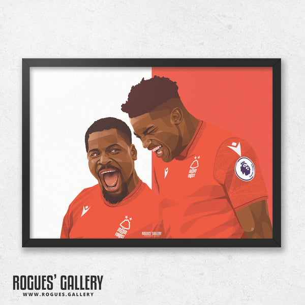 When the going gets tough... - Taiwo Awoniyi & Serge Aurier celebrate victory over Liverpool - Nottingham Forest - Signed A3 Red & White Prints