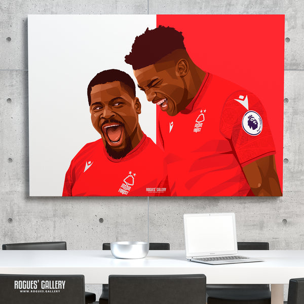 When the going gets tough... - Taiwo Awoniyi & Serge Aurier celebrate victory over Liverpool - Nottingham Forest - Signed A3 Red & White Prints