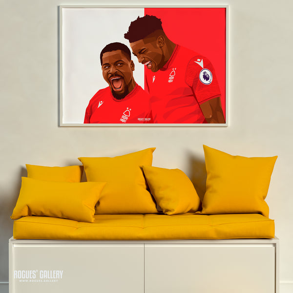 When the going gets tough... - Taiwo Awoniyi & Serge Aurier celebrate victory over Liverpool - Nottingham Forest - Signed A3 Red & White Prints