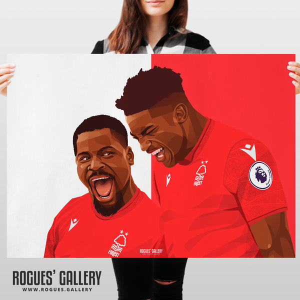 When the going gets tough... - Taiwo Awoniyi & Serge Aurier celebrate victory over Liverpool - Nottingham Forest - Signed A3 Red & White Prints