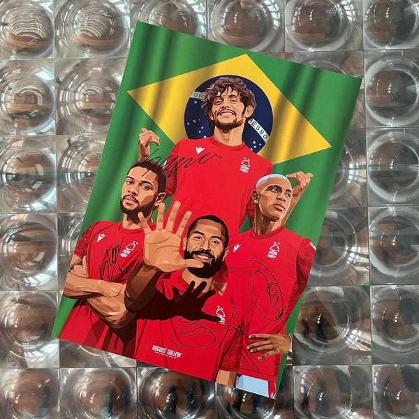 The Boys From Brazil 2: Gustavo Scarpa, Renan Lodi, Danilo & Felipe - Nottingham Forest - Signed A3 Prints