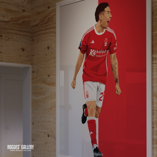 Gonzalo Montiel - Goal Celebration Version - Nottingham Forest - Signed A3 Red & White Prints