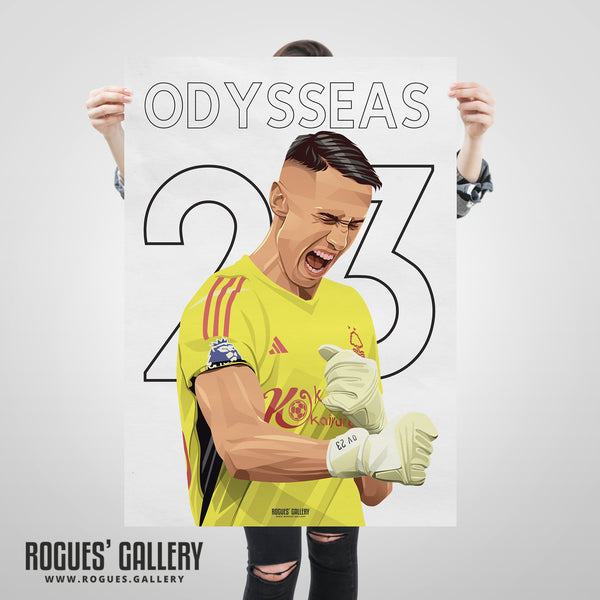 Odysseas Vlachodimos - Nottingham Forest - Signed A3 Name & Number Prints (Odysseas Version)