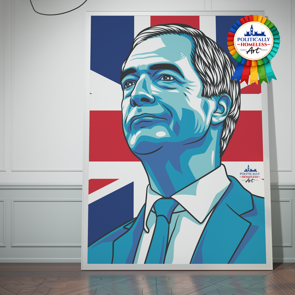Nigel Farage Reform UK Leader modern portrait framed poster union flag politically homeless art