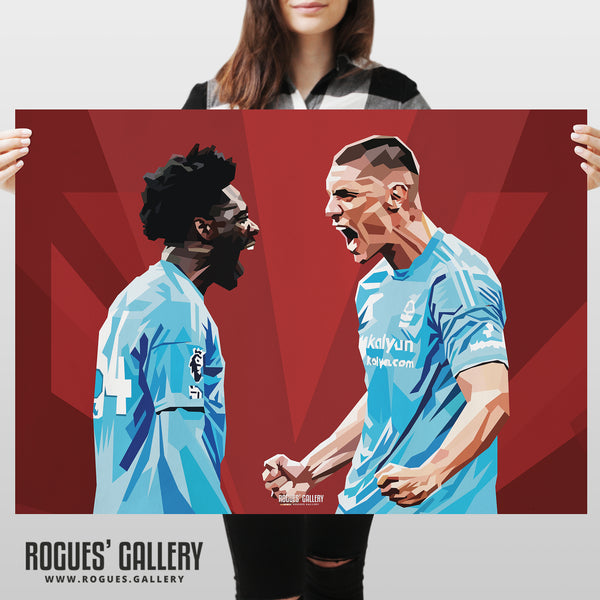 Nikola Milenkovic & Ola Aina Celebrate - Nottingham Forest - A0, A1, A2 or A3 Prints