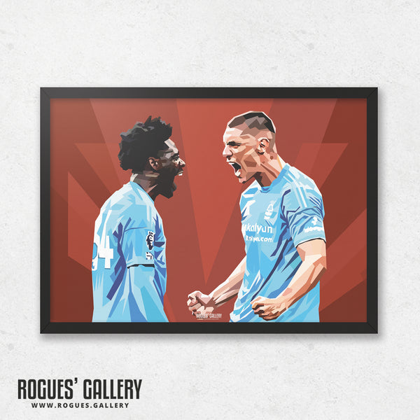 Nikola Milenkovic & Ola Aina Celebrate - Nottingham Forest - A0, A1, A2 or A3 Prints