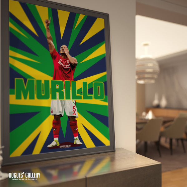 Murillo Celebrates - Nottingham Forest - A0, A1, A2 or A3 Prints - Brazil Colours