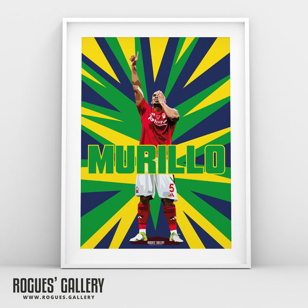 Murillo Celebrates - Nottingham Forest - A0, A1, A2 or A3 Prints - Brazil Colours