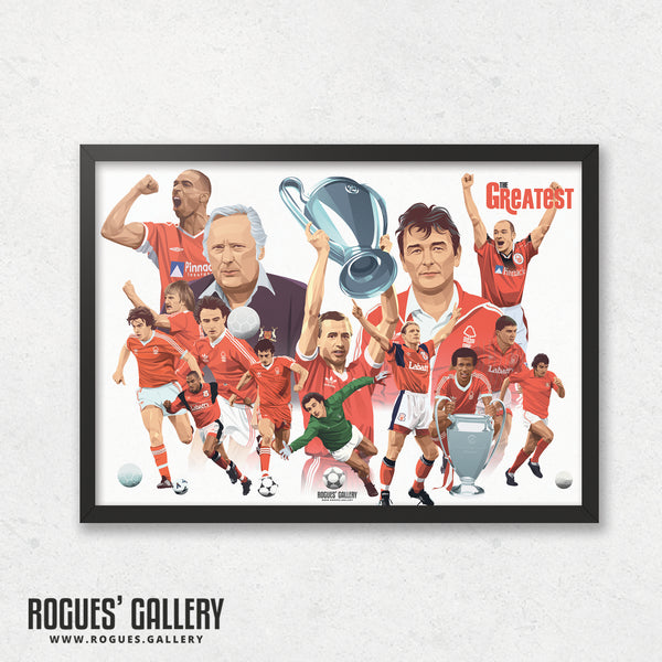 Nottingham Forest Greatest Ever players Montage A3 print text
