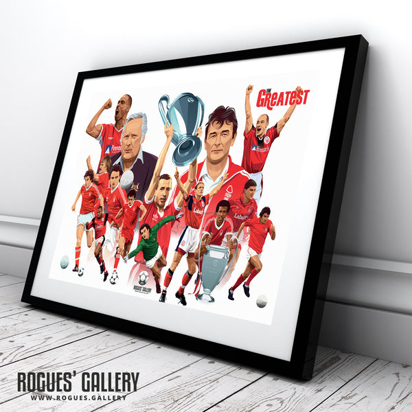 Nottingham Forest Greatest Ever players Montage A2 print text