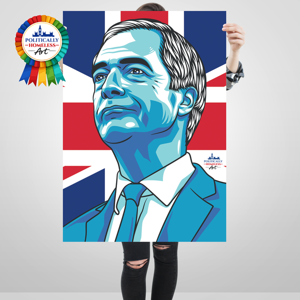 Nigel Farage Reform UK Leader modern portrait poster union flag politically homeless art
