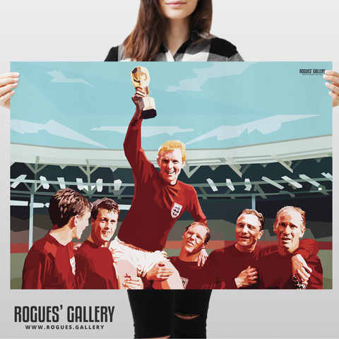 Signed Wembley poster Bobby Moore England World Cup 1966 Football Geoff Hurst Cohen Bobby Charlton Martin Peters 