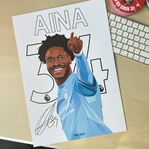 Signed Ola Aina Nottingham Forest full back 34 A3 print away
