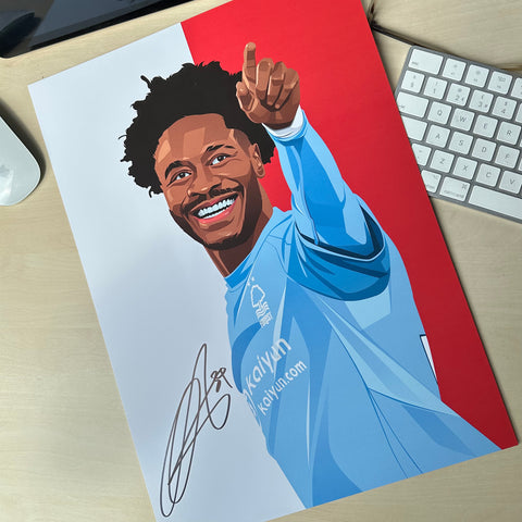 Signed Ola Aina Nottingham Forest full back A3 print away