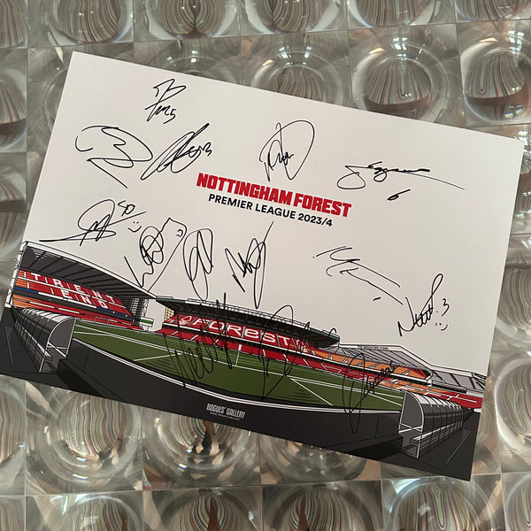 Signed Nottingham Forest City Ground Panorama 2023/24 Hallowed Ground A3 Designed To Be Signed