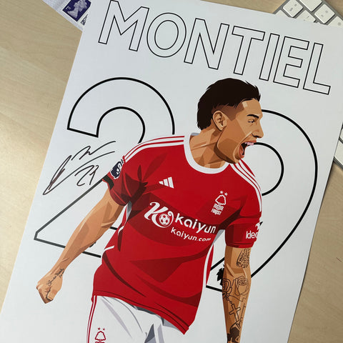 Gonzalo Montiel Nottingham Forest full back 29 signed A3 print Argentina celebration
