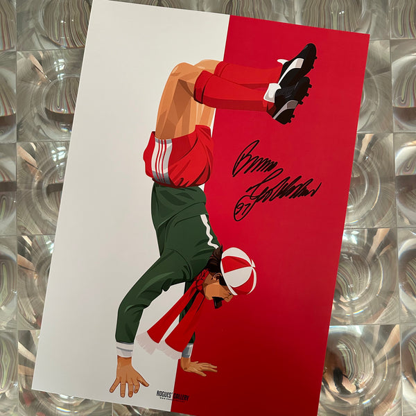 Bruce Grobbelaar Liverpool goalkeeper handstand signed A3 print South Africa scandal