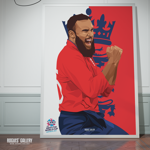 Adil Rashid signed England Cricket T20 World Cup poster 2022 Winners 