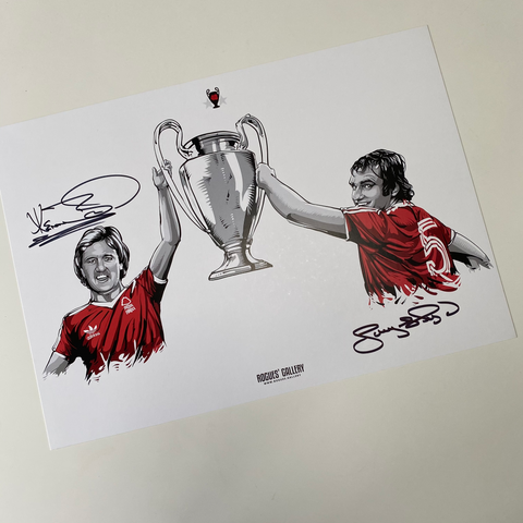 Larry Lloyd Kenny Burns Nottingham Forest centre halves Miracle Men City Ground European Cup winners signed limited edition A3 print 40th anniversary