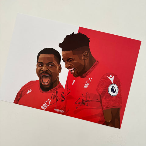When the going gets tough... - Taiwo Awoniyi & Serge Aurier celebrate victory over Liverpool - Nottingham Forest - Signed A3 Red & White Prints