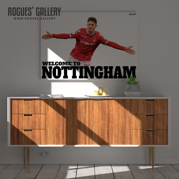 Joe Lolley Nottingham Forest Winger Welcome to Nottingham A1 art print goal arms out