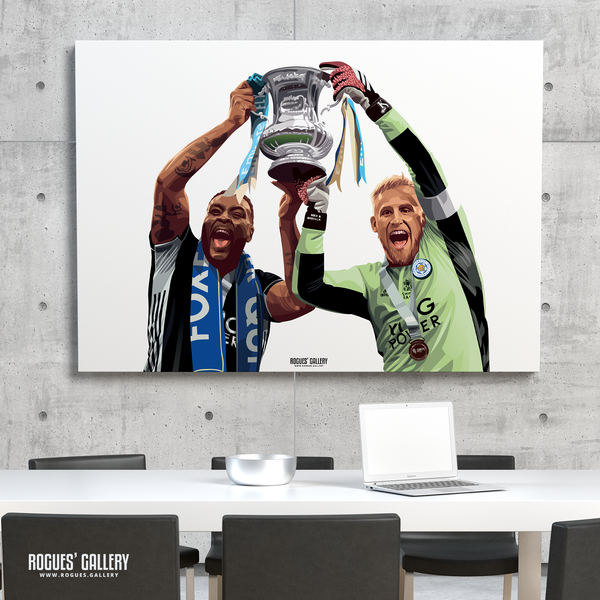 Kasper Schmeichel Wes Morgan Leicester City captain Foxes goalkeeper Winners King Power huge poster signed rare autograph FA Cup Final 2021 Trophy
