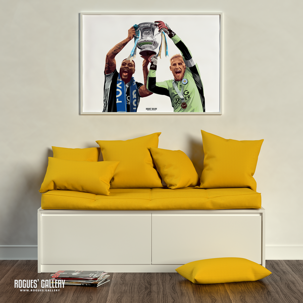 Kasper Schmeichel Wes Morgan Leicester City captain Foxes goalkeeper Winners King Power A1 art Print FA Cup Final 2021 Trophy