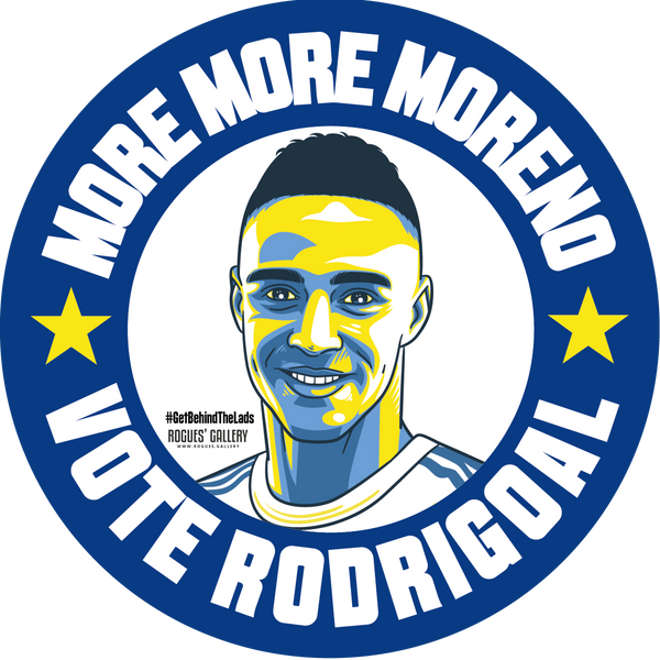 Rodrigo Moreno Leeds United striker LUFC campaign Stickers Vote #GetBehindTheLads Elland Road