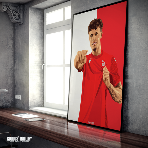 Neco Williams Nottingham Forest defender red white A1 print 