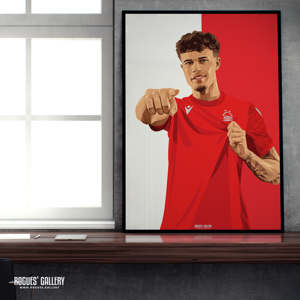 Neco Williams Nottingham Forest defender red white A2 print 