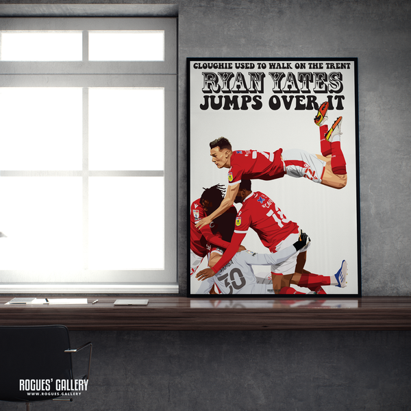 Ryan Yates Jumps Over the Trent A2 print Nottingham Forest midfielder