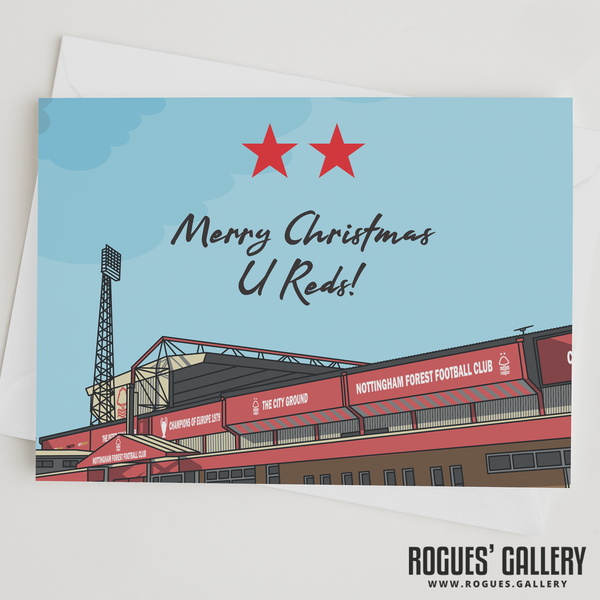 Car Park Two Stars The City Ground Nottingham Forest FC Merry Christmas U Reds! Card 6x9"