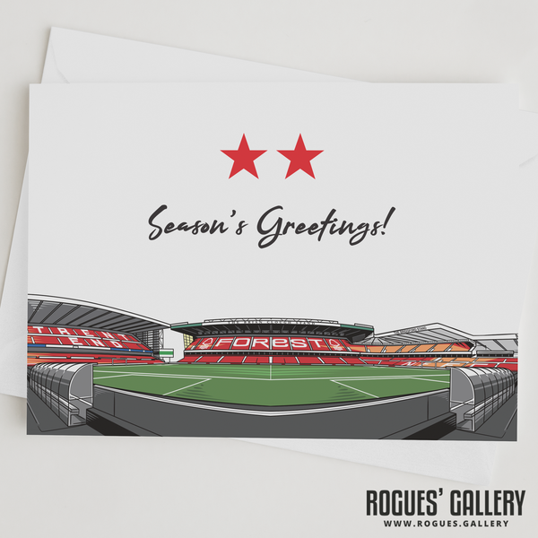 Brian Clough Stand Two Stars The City Ground Nottingham Forest FC Season's Greetings Card 6x9" Xmas
