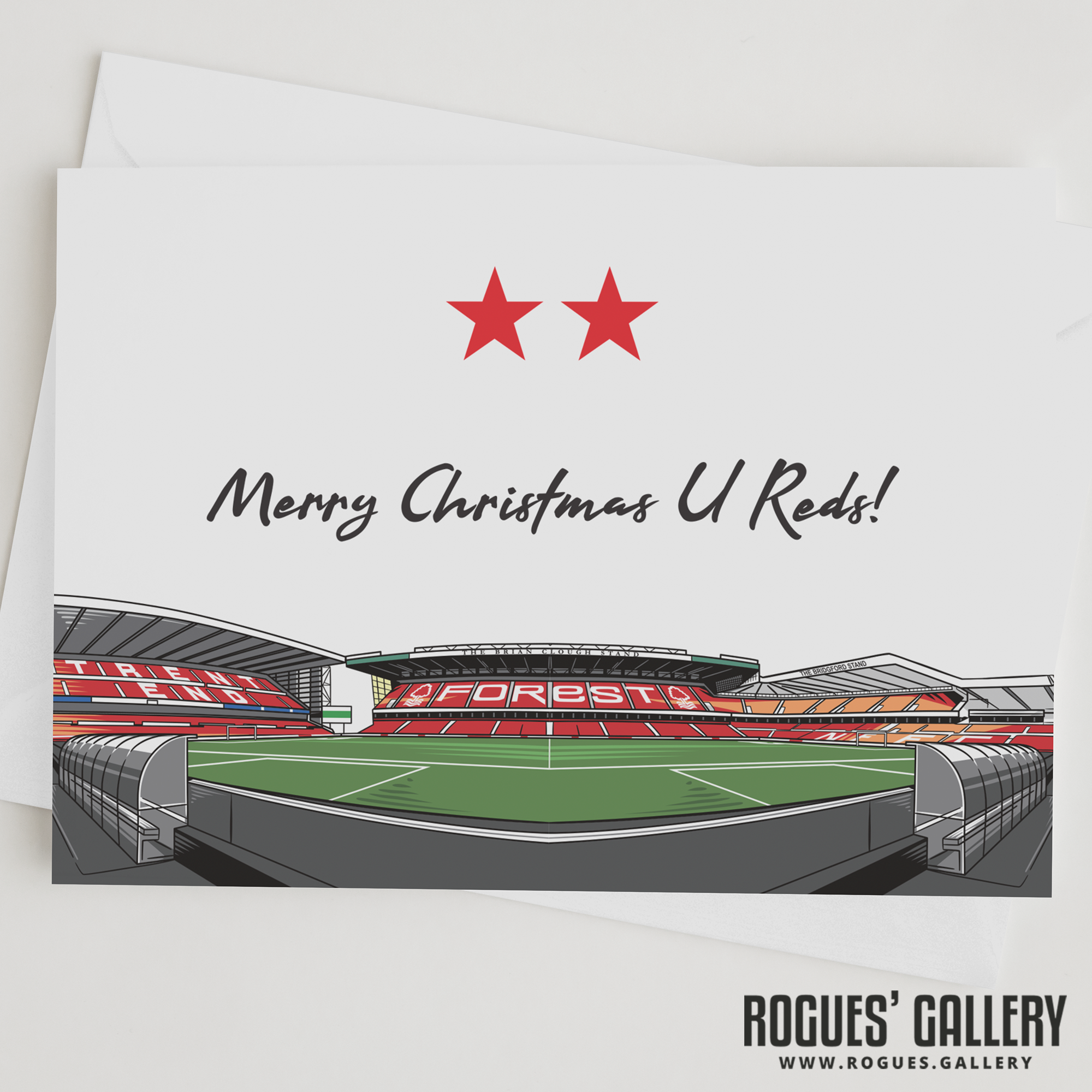 Brian Clough Stand Two Stars The City Ground Nottingham Forest FC Merry Christmas U Reds! Card 6x9"