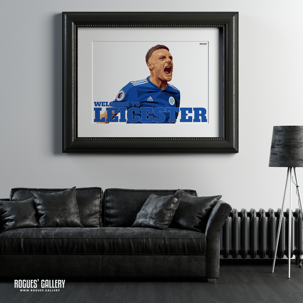 Jamie Vardy Leicester City striker Welcome To Leicester King Power A3 Print goal close up sofa goalscorer