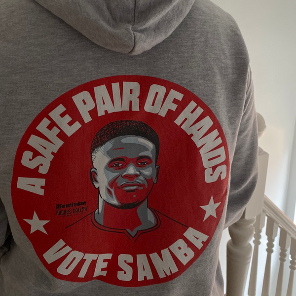 Brice Samba Nottingham Forest goalkeeper grey unisex hoodie vote #GetBehindTheLads